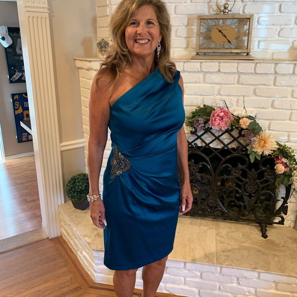 Teal asymmetrical Eliza J cocktail dress.